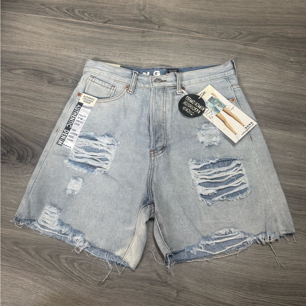 Distressed Light Blue Denim Shorts